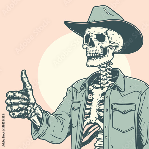 Skeleton as cowboy Giving a nod of acknowledgment. Cartoon Clipart Silhouette Vector Illustration Line Art Illustration. Bony fellow in western gear offering gesture recognition like hello.