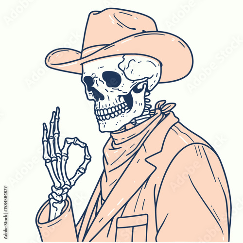 Skeleton as cowboy Giving a nod of acknowledgment. Cartoon Clipart Silhouette Vector Illustration Line Art Illustration. Bony figure dressed western rancher tipping hat in friendly greeting.