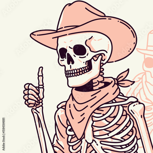 Skeleton as cowboy Giving a nod of acknowledgment. Cartoon Clipart Silhouette Vector Illustration Line Art Illustration. Boney man rancher offers head dip greeting western theme.