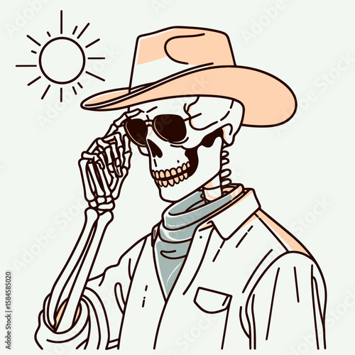 Skeleton as cowboy Squinting in the sun. Cartoon Clipart Silhouette Vector Illustration Line Art Illustration. Bony rancher peers bright day glare.