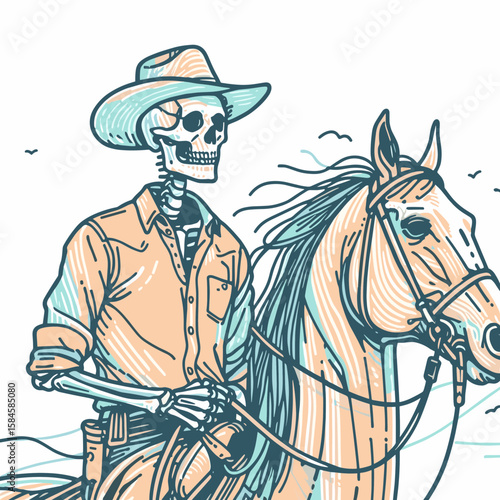 Skeleton as cowboy Saddling a horse. Cartoon Clipart Silhouette Vector Illustration Line Art Illustration. Bony rancher mounting steed for ride western theme.