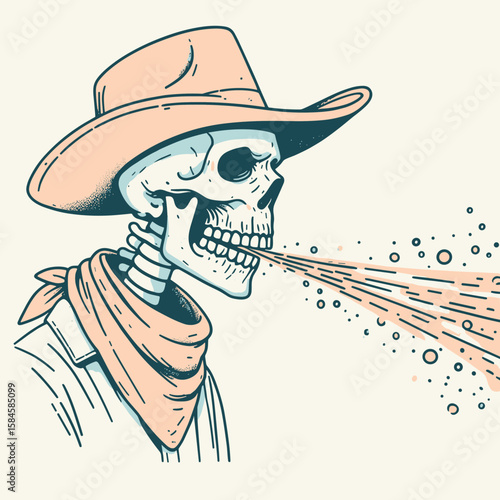 Skeleton as cowboy Spitting. Cartoon Clipart Silhouette Vector Illustration Line Art Illustration. Bony man dressed western expectorate. country figure releasing saliva.