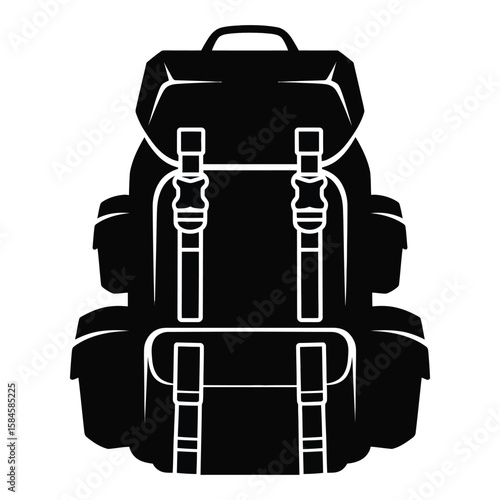 Black and White Military Backpack Silhouette with Buckles and Straps