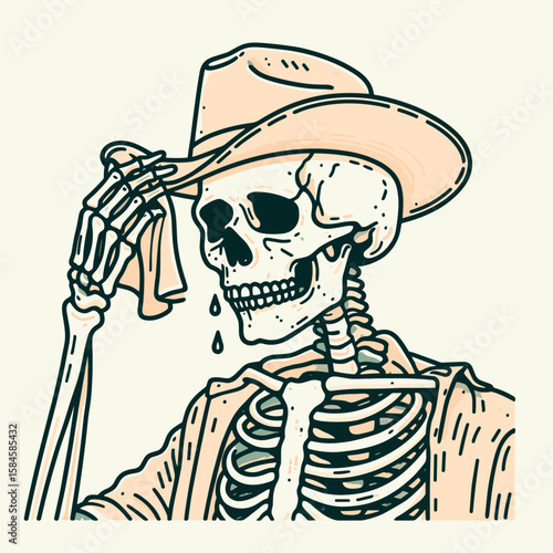 Skeleton as cowboy Wiping sweat from their brow. Cartoon Clipart Silhouette Vector Illustration Line Art Illustration. Bony rancher takes moisture forehead on western plain.