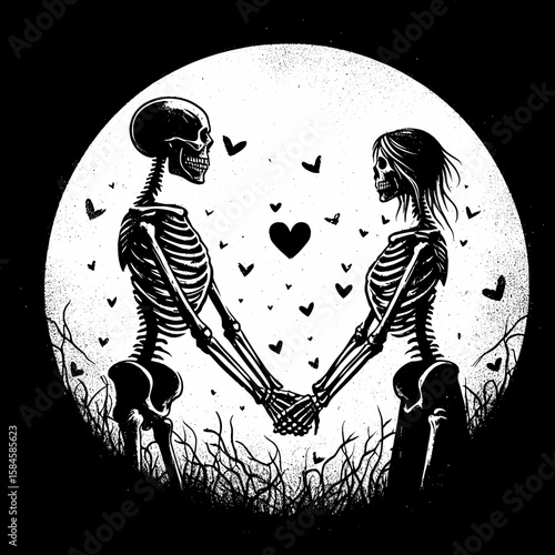 Skeleton couple holding hands Valentine. Cartoon Clipart Silhouette Vector Illustration Line Art Illustration. Bony duo grips palm for loving day death romance heart concept.