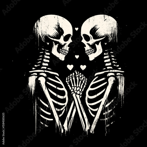 Skeleton couple holding hands Valentine. Cartoon Clipart Silhouette Vector Illustration Line Art Illustration. Bony pair in love jointly grip romantic day symbolic picture.