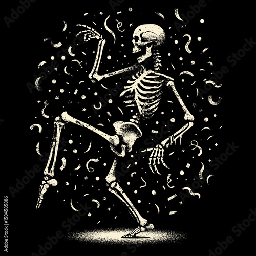 Skeleton dancing with confetti falling New Year celebration party. Cartoon Clipart Silhouette Vector Illustration Line Art Illustration. Bony figure boogie paper shower holiday event.