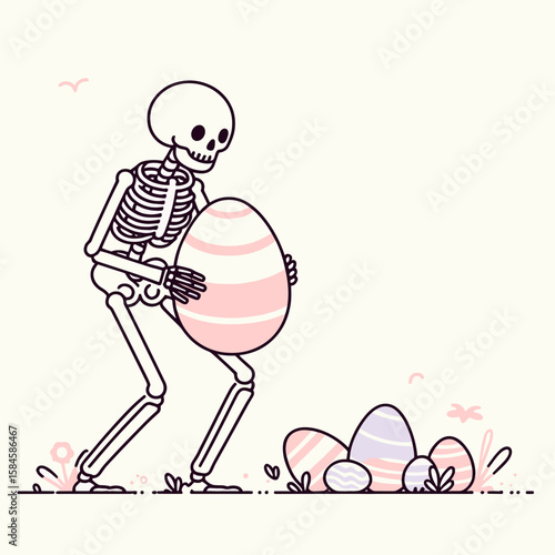 Skeleton hiding Easter eggs. Cartoon Clipart Silhouette Vector Illustration Line Art Illustration. Bony figure concealing springtime treats a festive secret celebration theme.