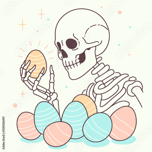 Skeleton hiding Easter eggs. Cartoon Clipart Silhouette Vector Illustration Line Art Illustration. Bony figure concealing festive treat a joyful hunt theme this season.