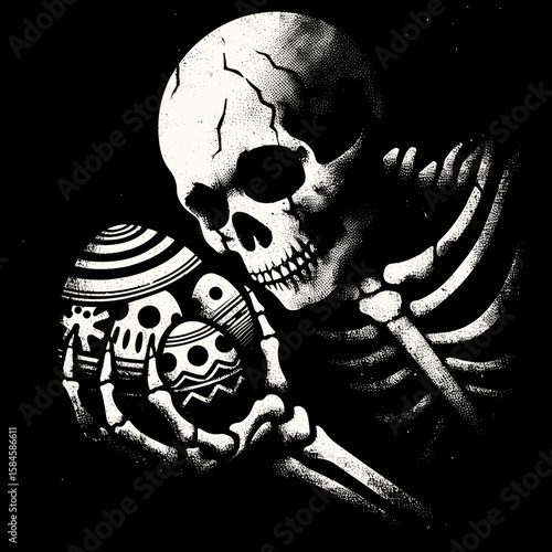 Skeleton hiding Easter eggs. Cartoon Clipart Silhouette Vector Illustration Line Art Illustration. Bony figure concealing decorated ova a joyful activity for springtime.