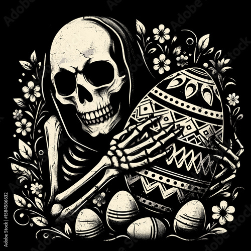Skeleton hiding Easter eggs. Cartoon Clipart Silhouette Vector Illustration Line Art Illustration. Bone figure concealing decorated egg a festive unusual activity fun topic.