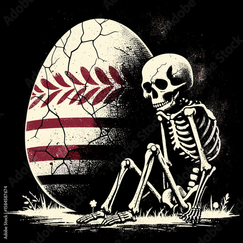 Skeleton with a giant Easter egg. Cartoon Clipart Silhouette Vector Illustration Line Art Illustration. Bony figure holding colossal springtime treat festive novelty object.
