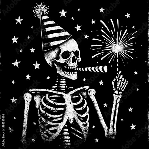 Skeleton with a party hat and noisemaker New Year celebration party. Cartoon Clipart Silhouette Vector Illustration Line Art Illustration. Bony figure festive headwear horn at holiday.