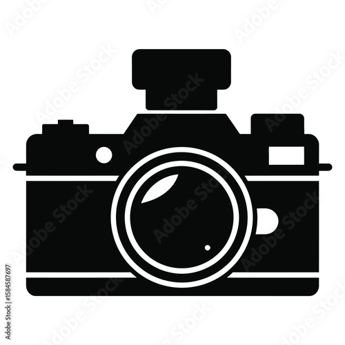 Black Camera Silhouette with Lens and Flash on a White Background