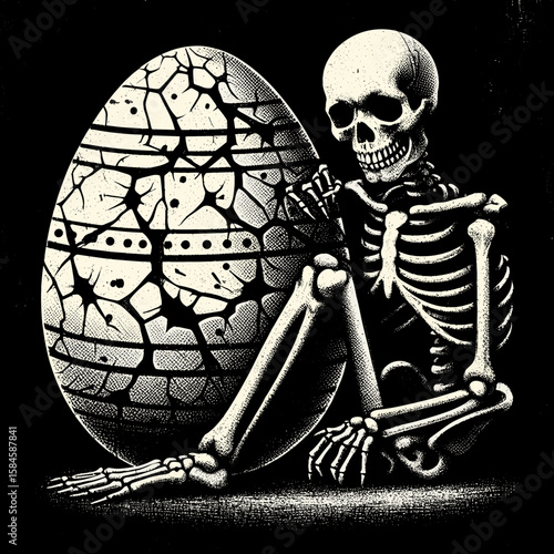 Skeleton with cracked giant Easter egg. Cartoon Clipart Silhouette Vector Illustration Line Art Illustration. Bony figure split huge spring holiday treat broken ovum.