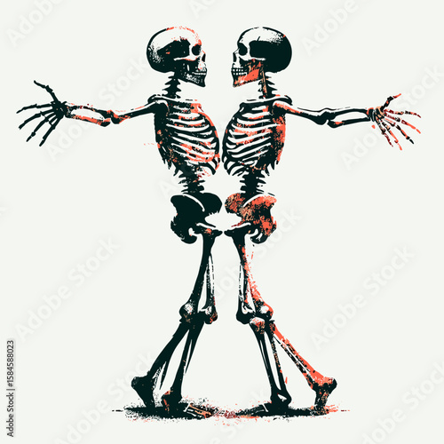 Two skeletons face each. Cartoon Clipart Silhouette Vector Illustration Line Art Illustration. Bony figure confront each other skull toward skull a bone anatomy layout.