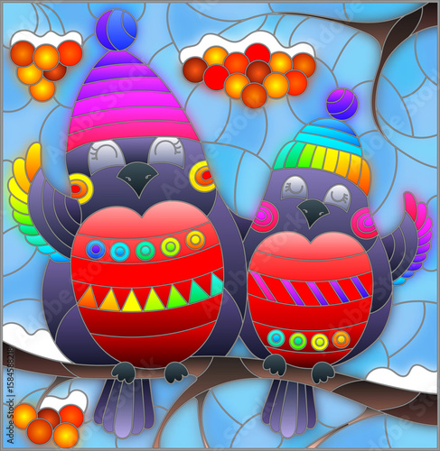 Illustration in the style of a stained glass window with funny birds on the branches of a rowan tree against the sky