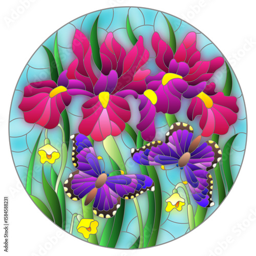 Illustration in the style of a stained glass window with bright iris flowers and butterflies on a blue sky background