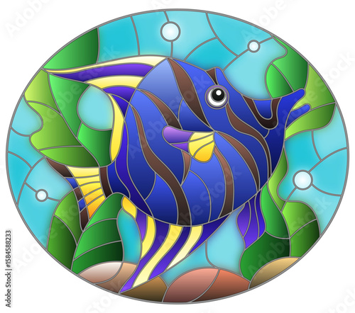 Illustration in the style of a stained glass window with an aquarium fish on a background of algae and water