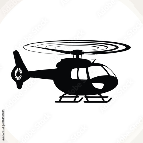 Black helicopter silhouette illustration with spinning rotor on a white background
