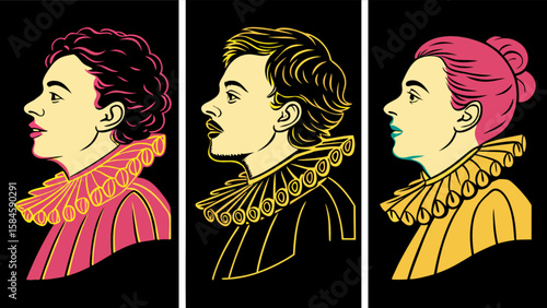 Renaissance portraits art vector illustration featuring ruff collars and colorful hair styles design art