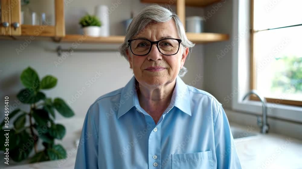 there is a woman standing in a kitchen with a blue shirt there is a woman standing in a kitchen with a blue shirt