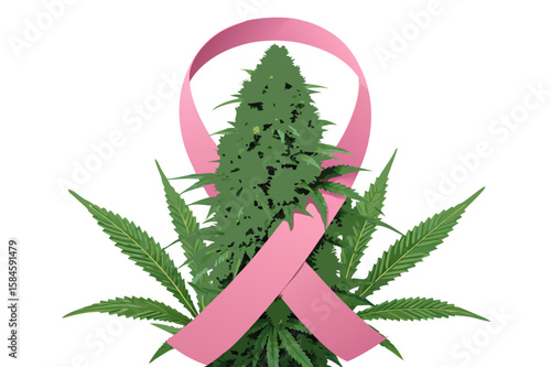 Cannabis plant with pink ribbon symbolizing cancer awareness