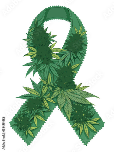 Green ribbon adorned with cannabis leaves and buds for awareness  
