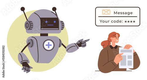 Robot pointing at verification code message as a woman reviews her document. Ideal for AI assistance, secure communication, authentication, messaging technology, document management, cybersecurity