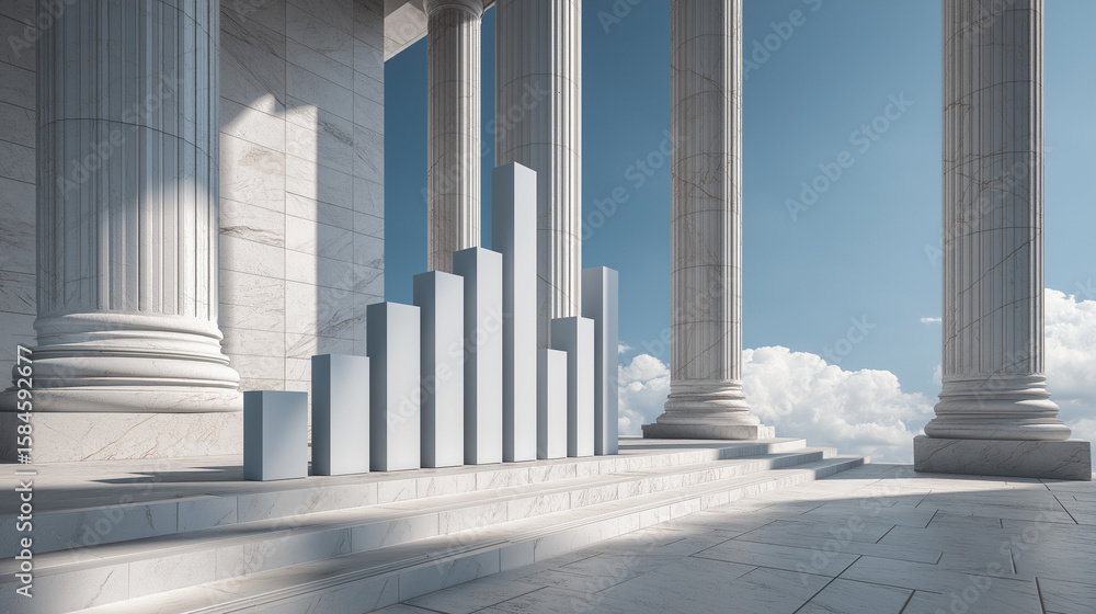 Fototapeta premium Financial growth graph on marble steps ancient architecture 3d visualization serene environment inspirational viewpoint