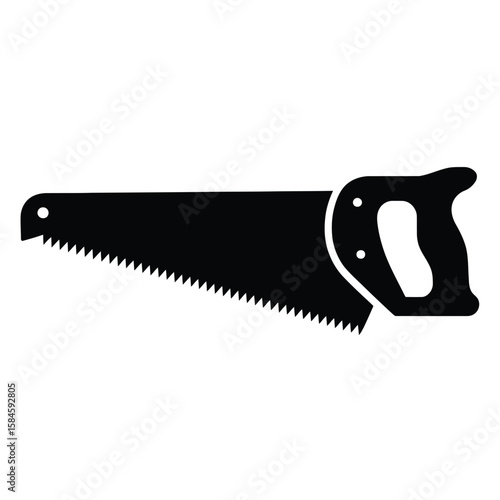 Black silhouette of a hand saw with toothed blade and handle