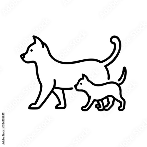 Cat and dog walking together in a park concept of companionship  