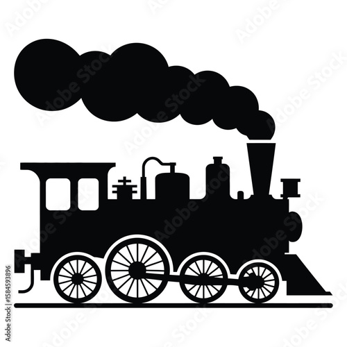 Black Silhouette of a Steam Train with Smoke on a White Background