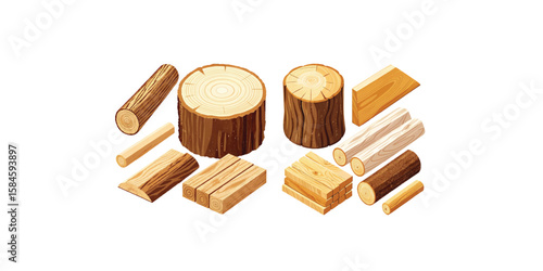 Print  Tree stump, wooden logs and timber materials. Natural lumber, carpentry materials set. Wooden plank, billet. Wood vector
