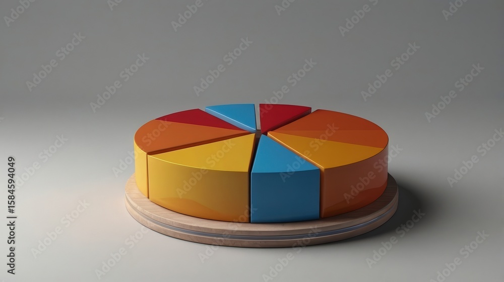 Obraz premium A colorful pie chart with different segments on a wooden base against a plain background