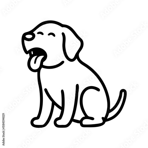 Dog yawning with eyes closed and tongue out in simple line art  