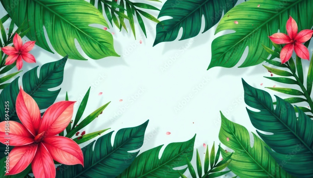 Fototapeta premium Lush hand-painted tropical leaf frame Perfect for announcements , save the date, illustration, leaves