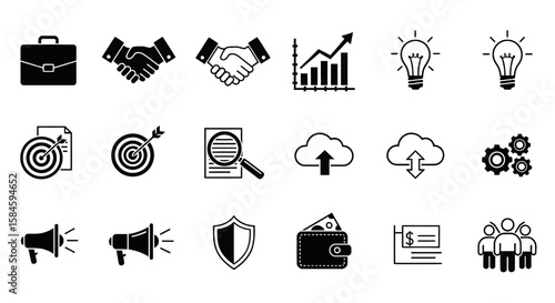 A collection of monochrome business icons depicting growth, partnerships, strategy, and innovation.