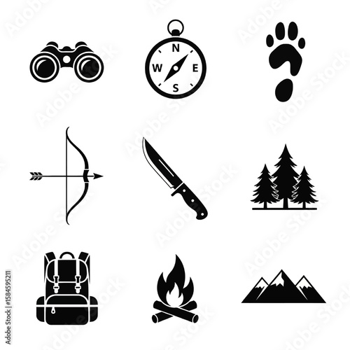 Essential equipment and symbols for adventurous outdoor activities, including navigation tools, survival gear, and wilderness imagery.