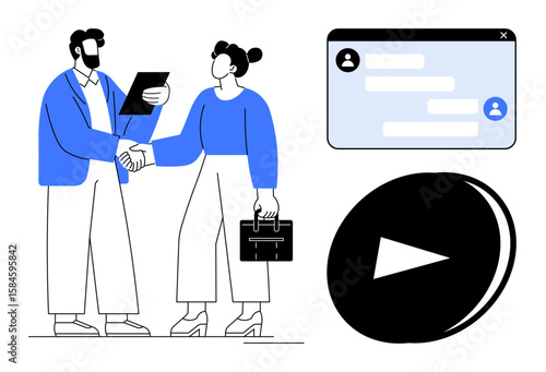 Two businesspeople shaking hands, one holding a briefcase, chat interface, large play button icon. Ideal for teamwork, partnership, agreements, networking, communication media simple landing page