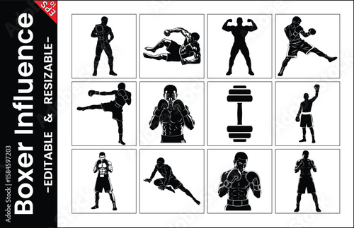 Boxing Silhouettes Collection Editable Vector Set Of Athletes And Weights Black And White Illustration