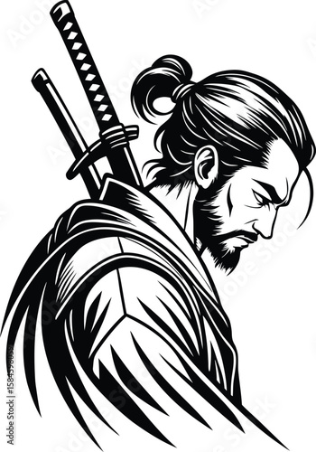 Stylized Samurai Warrior Portrait – Traditional Japanese Ronin with Katana in Monochrome Art
