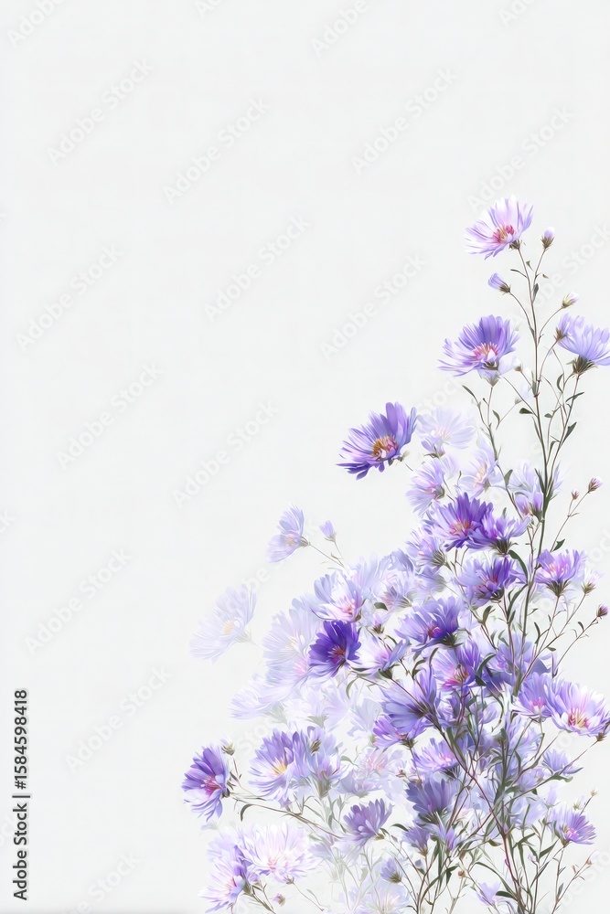 Naklejka premium Delicate purple aster flowers cascade in a graceful arrangement, showcasing their intricate petals and slender stems, perfect for botanical designs and floral themes.