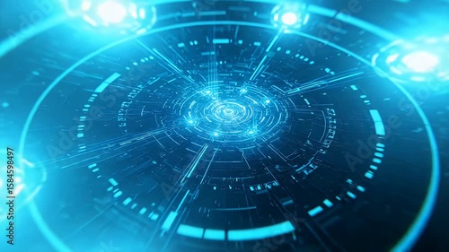 A futuristic circular design with glowing blue lights and interconnected pathways. Central focal point is the brightest point