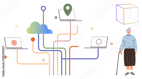 Cloud connects laptops via colored lines, symbolizing digital integration. Elderly figure adds generational relevance, cube implies dimensions. Ideal for technology, aging, data, connection