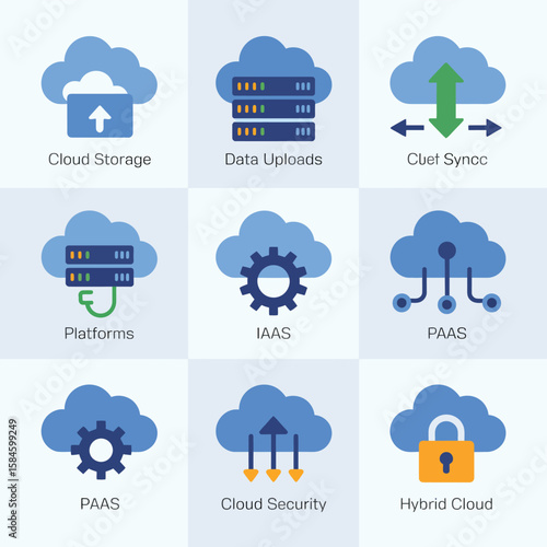Nine Cloud Computing Icons with Blue Clouds and Orange Accents on a White Background