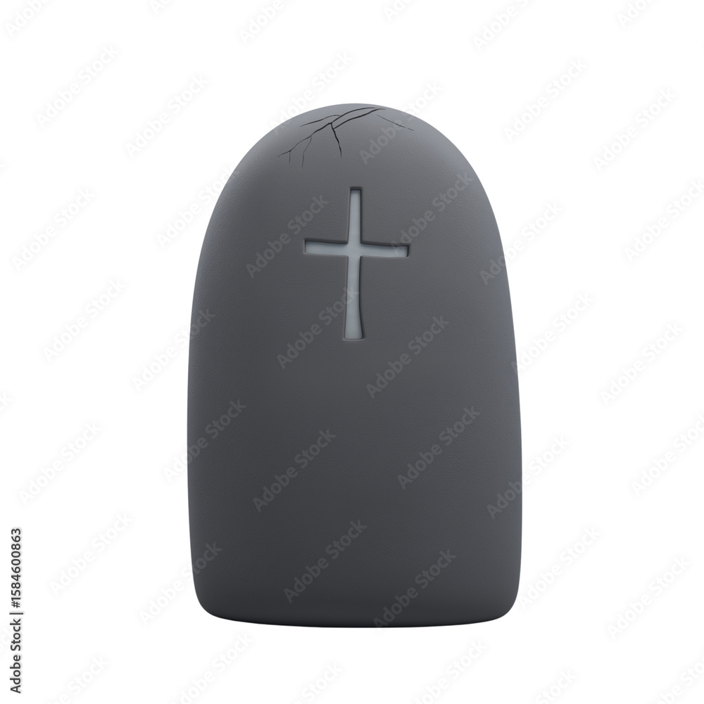 Fototapeta premium Cracked gray stone tombstone with engraved cross, ideal for memorial, spiritual, gothic, or religious-themed design projects evoking reverence and solemn expression