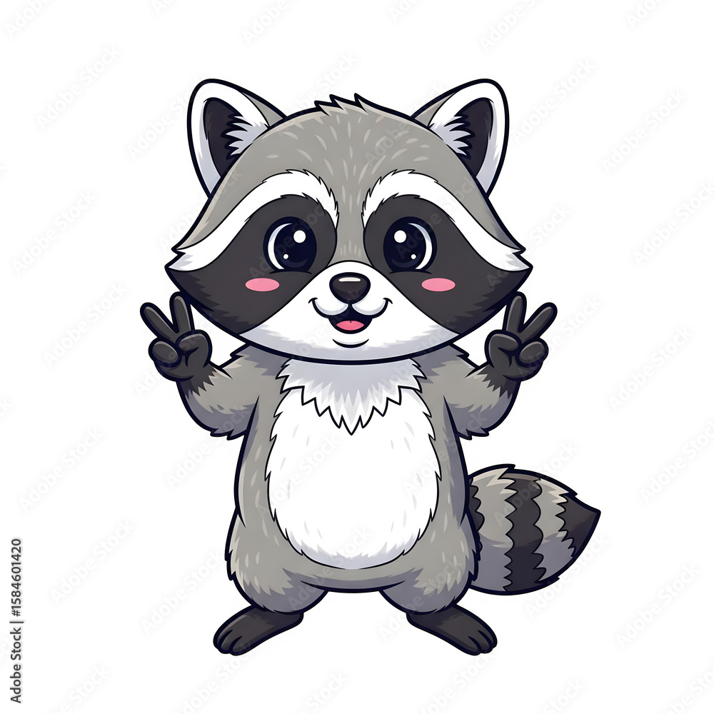 Cute cartoon raccoon stands with a friendly pose, making peace signs with its hands on a transparent background, ready for any creative design or animation. Cute cartoon raccoon stands with a friendly pose, making peace signs with its hands on a transparent background, ready for any creative design or animation.