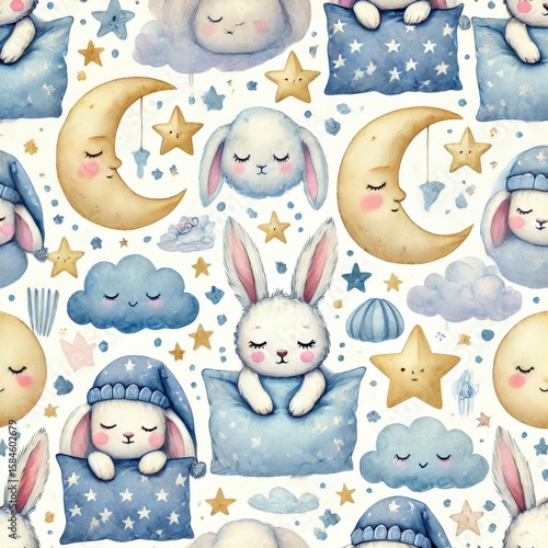 Sleeping bunnies with pillows, crescent moons, stars and clouds in dreamy night sky composition. Seamless watercolor pattern with rabbits in bedtime and nursery scene.