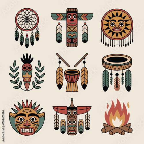 Nine Native American Culture Icons with Dreamcatcher Totem Pole Masks Drum and Fire